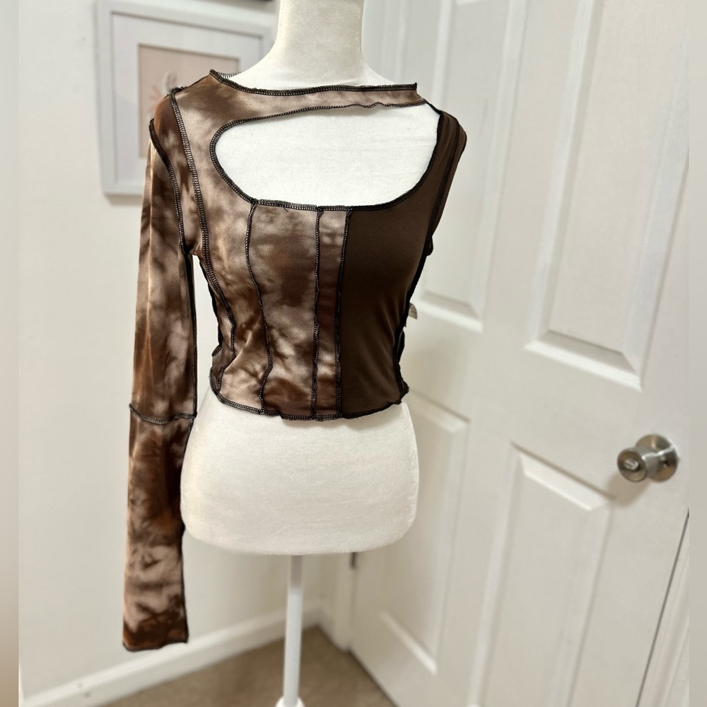 NWT - Y2K Style Brown Tie-Dye One Sleeve Women's Top - Size Small